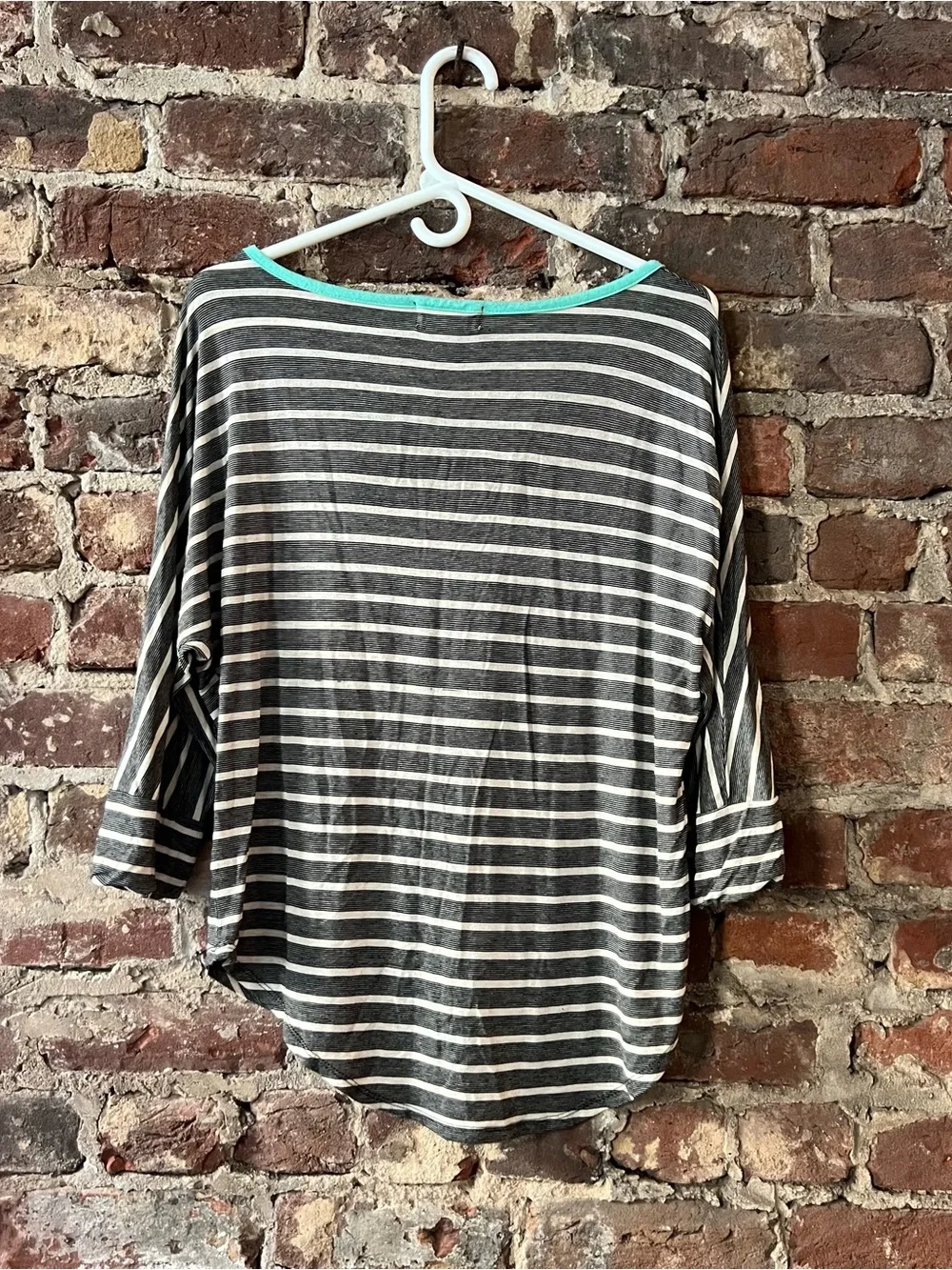 Pink Rose Black and White Striped Long Sleeve Top with Teal Trim - Picture 5 of 6